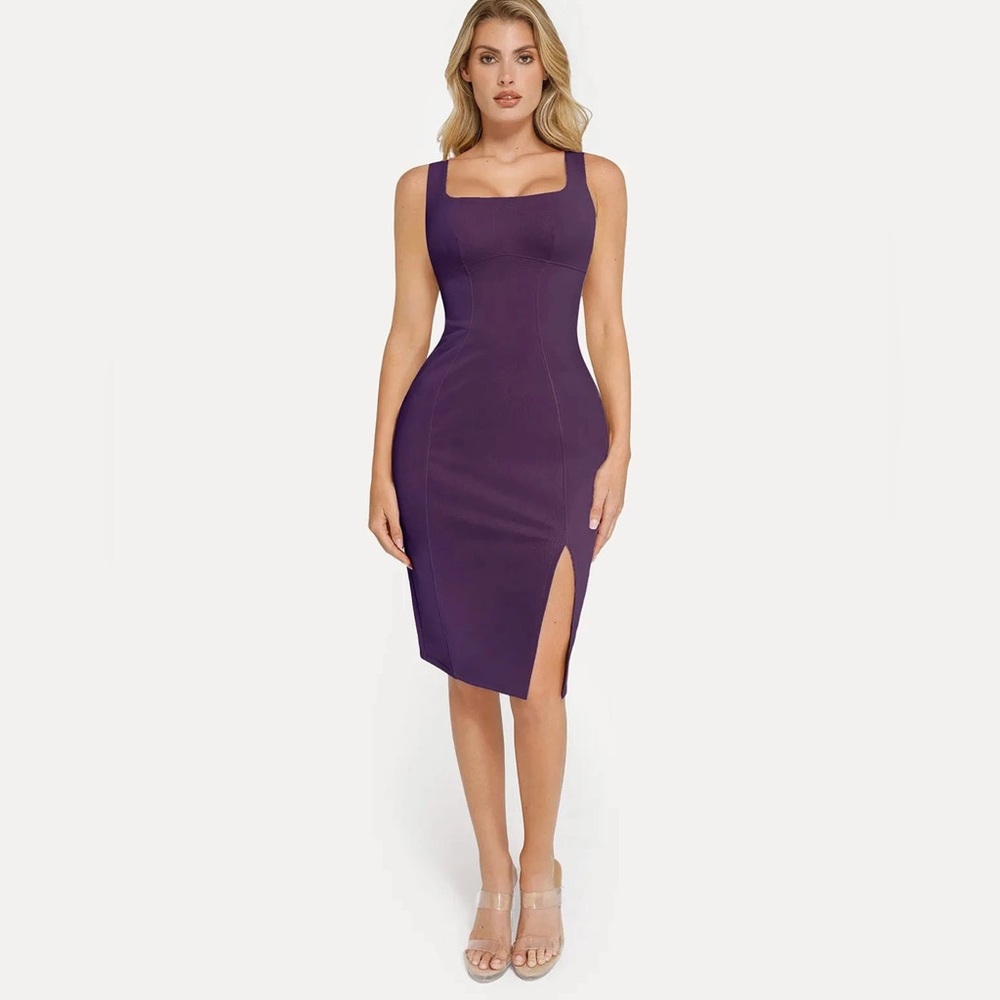 Popilush purple Shapewear Faux Nubuck Bodycon Sculpting Slit Midi Dress sz small